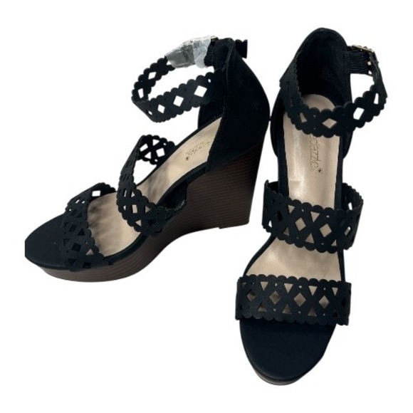 ShoeDazzle Black Ankle Strap Wedge Heel Sandals Jaylah 7.5 NEW - Picture 1 of 5